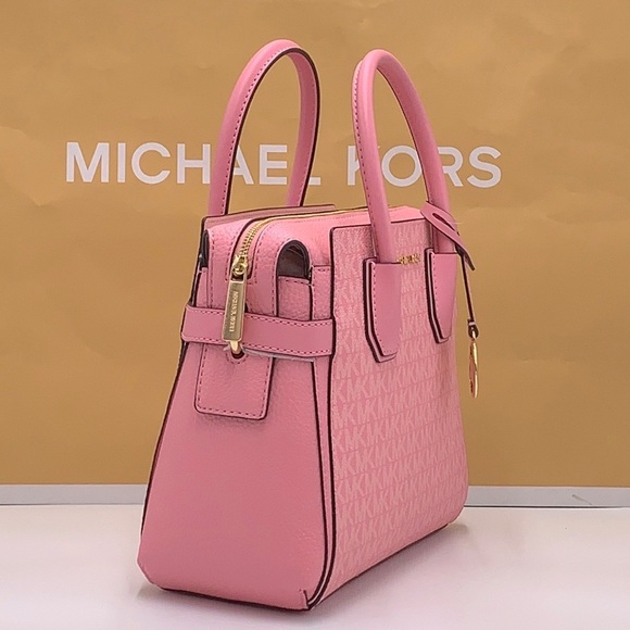 Michael Kors Mercer Small Top Zip Logo Belted Satchel Crossbody Carnation color - Picture 5 of 16